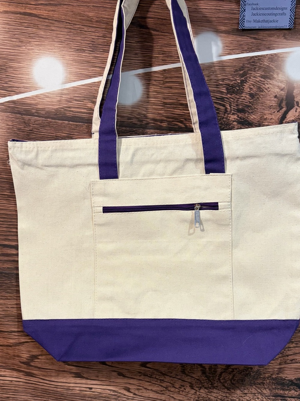 Canvas Tote Bag with Purple Accents - Neutral Cream & Purple